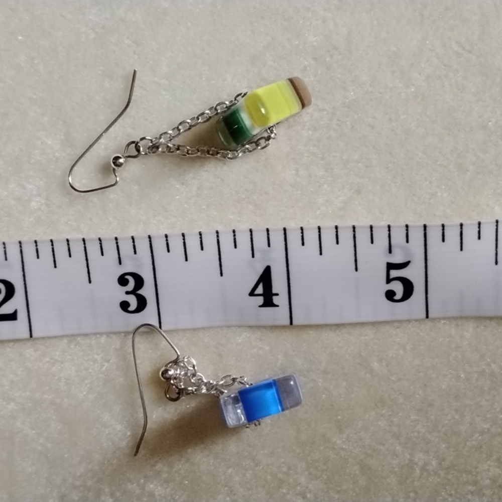 Hand Crafted Colorful Geometric Furnace Glass Drop Earrings - Picture 5 of 5